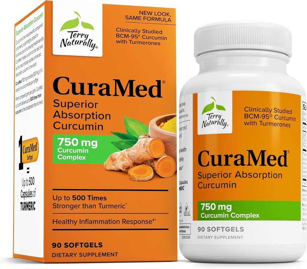 Terry naturellement CuraMed 750mg - Supplément antioxydant pour le soutien du cerveau et de la santé cardiaque - Supplément diététique avec complexe de curcumine haute puissance - Soutien de la santé du rein, du foie et de l'immunité - 90 Softgels
