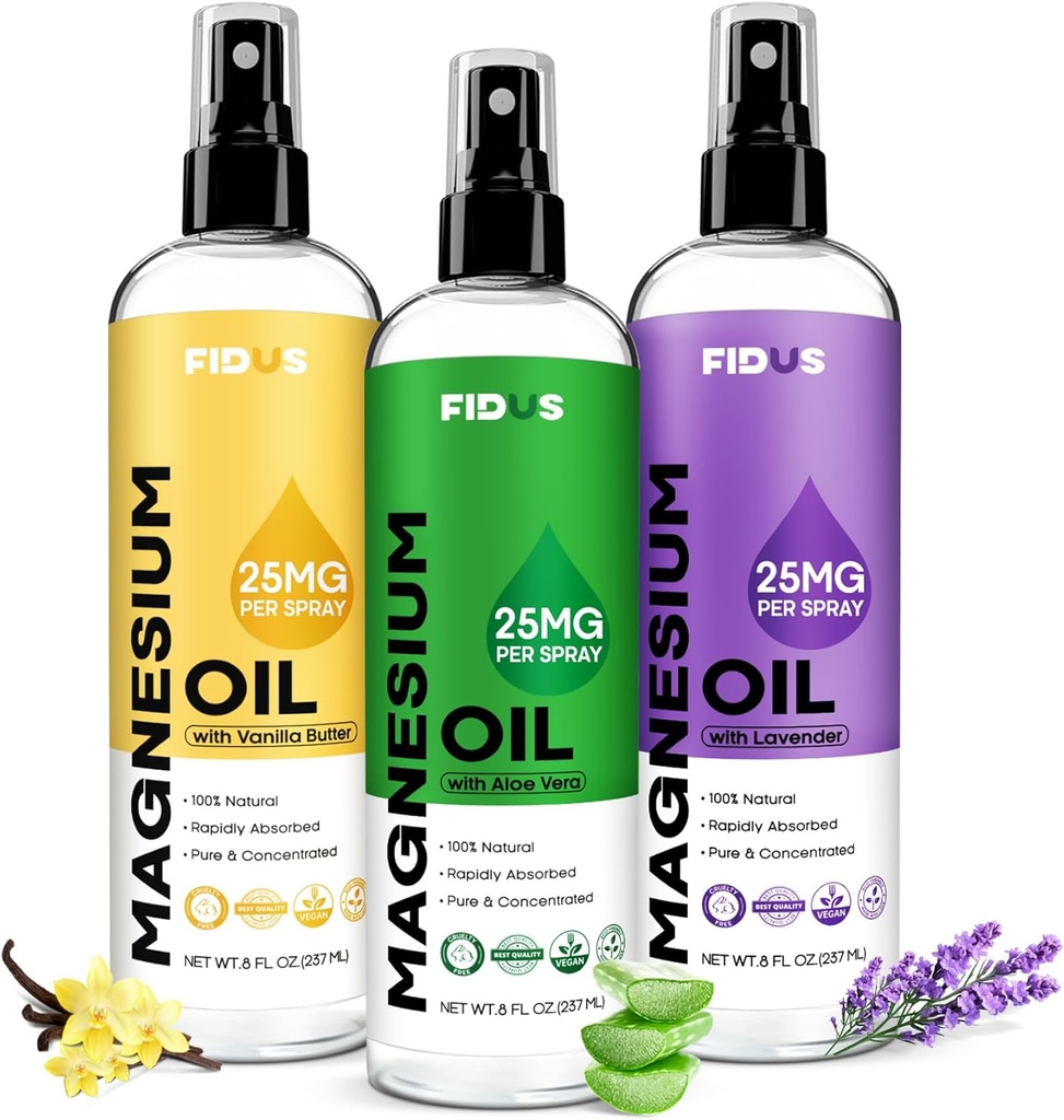 Pulvérisateur d'huile de magnésium 100% pur Fidus avec Aloe Vera - Grand 8 fl oz Chlorure de magnésium topique pour pieds, Spray de magnésium naturel biologique de l'ancien Zechstein Seven Seabed Minerals