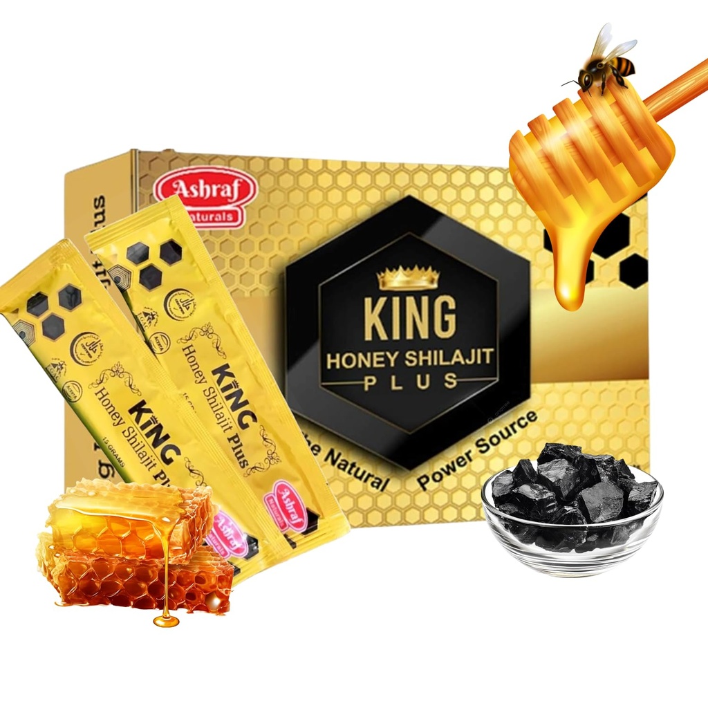 Ashraf Naturals King Honey Shilajit Plus - Premium Honey & Himalayan Shilajit mélange avec des extraits de plantes, l'énergie naturelle et le soutien de la vitalité, 15 sachets x 15g