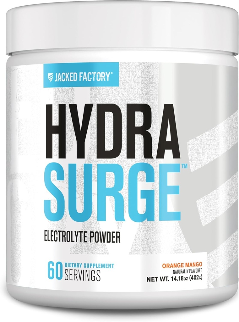 Poudre d'électrolyte HYDRASURGE Jacked Factory - Supplément d'hydratation avec minéraux clés, sel de mer himalayen, eau de coco - Keto Friendly, sans sucre, naturellement sucré - 60 portions, mangue orange