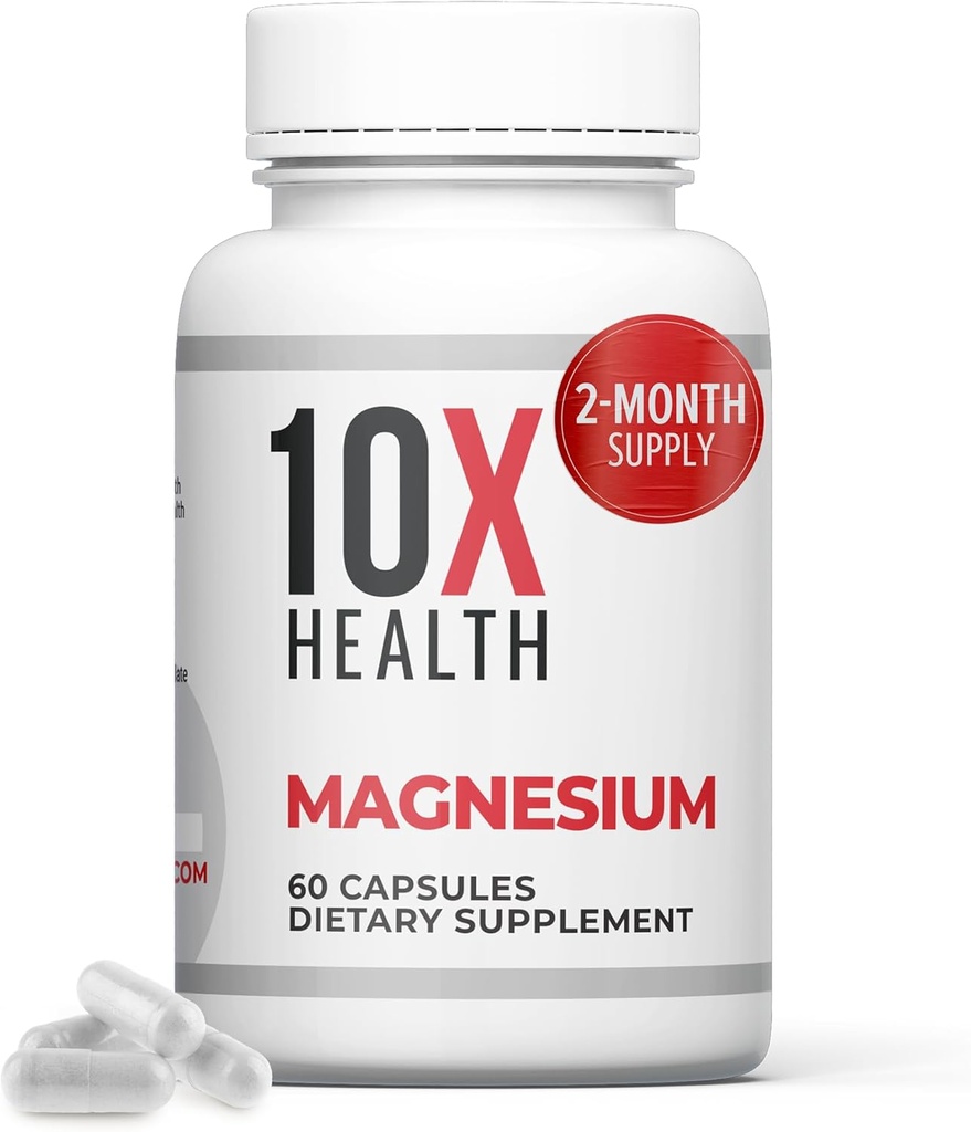 10X Suppléments de magnésium pour la santé - Citrate de magnésium à haute absorption pour le sommeil, le soutien musculaire et nerveux, la santé cardiovasculaire et cardiaque - 60 capsules