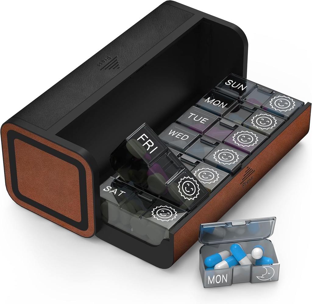 Pill Organizer Weekly, 2 fois par jour pour la boîte de médicaments en cuir de 7 jours Conteneur de voyage Étui de pilule en vitamine Am Pm, deux fois par jour, Pill Holder, Pillbox moderne et portable (noir et brun)