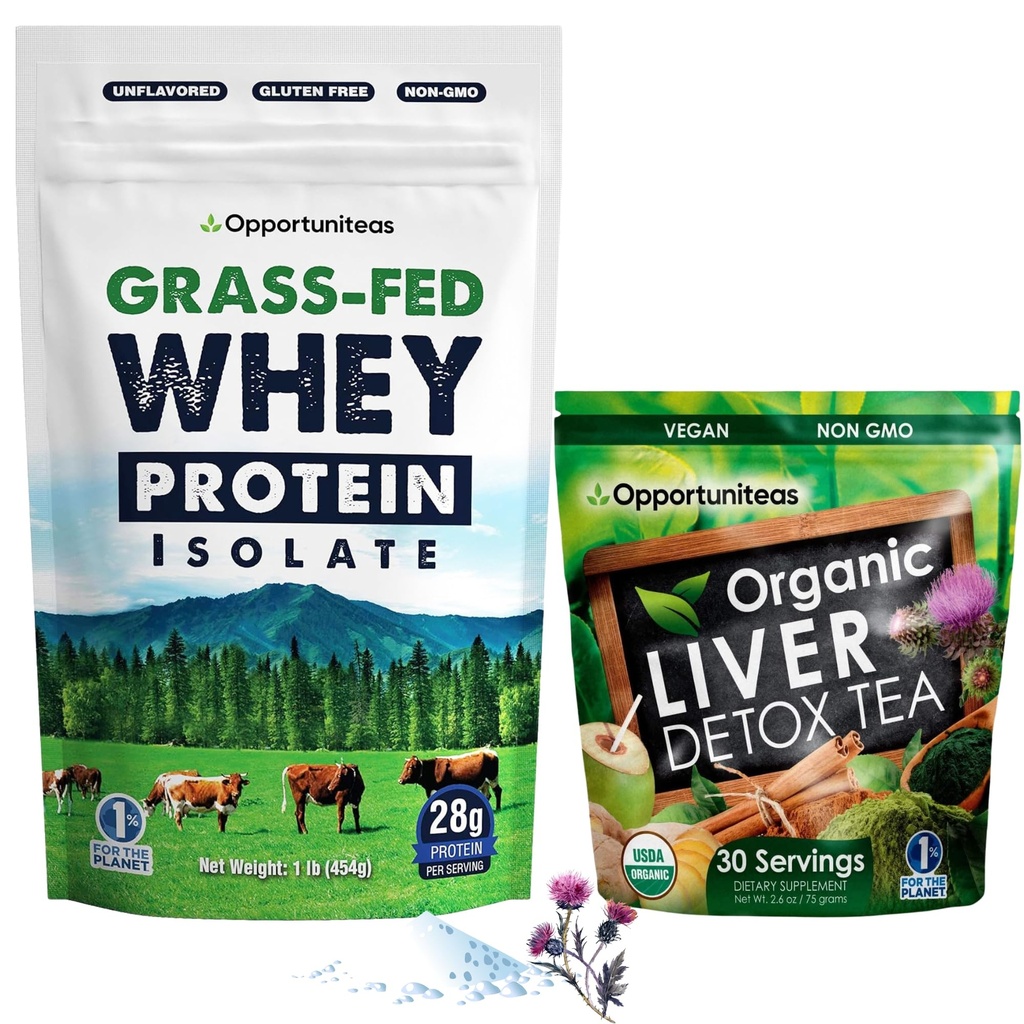Opportuniteas Grass Fed Unflavored Whey Protein & Liver Detox Matcha Tea - Support Your Muscles While Cleansing Your Liver - Bundle