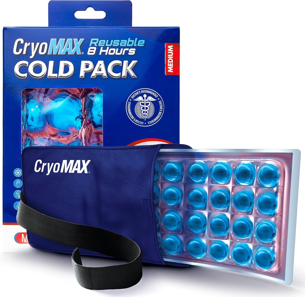 Cryo-Max Cold Pack, 8 heures de traitement à froid réutilisable pour les elbows, les genoux, le cou + plus, moyen, 6" x 12" (1 comte)