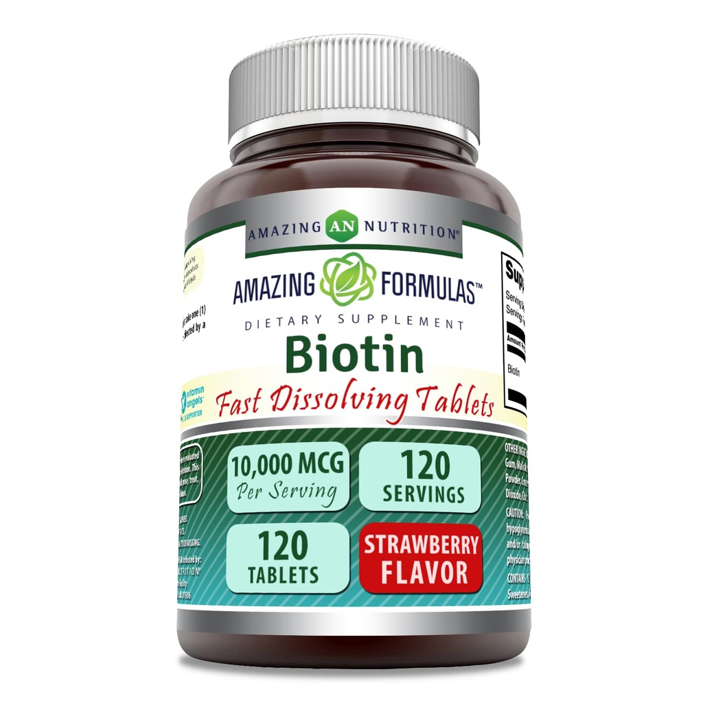 Formules étonnantes Biotine Dissoudre rapidement 10000 Mg Comprimés Supplément de Fraise Saveur de Fraise (Vitamine B7) Non-GMO (Gluten Free) Fabriqué aux États-Unis (120 Nombre)