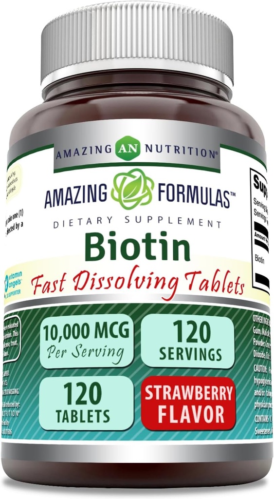 Formules étonnantes Biotine Dissoudre rapidement 10000 Mg Comprimés Supplément de Fraise Saveur de Fraise (Vitamine B7) Non-GMO (Gluten Free) Fabriqué aux États-Unis (120 Nombre)