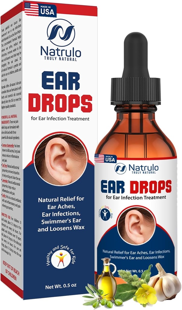 Drops d'oreille Natrulo pour l'infection à oreille – Drops d'oreille biologique pour adultes, enfants, bébés, chiens et animaux de compagnie – pour les oreilles, les oreilles démangeaisons, les infections, l'oreille de Swimmer, et la cire de Loosen – Enfants sans danger, fabriqués aux États-Unis