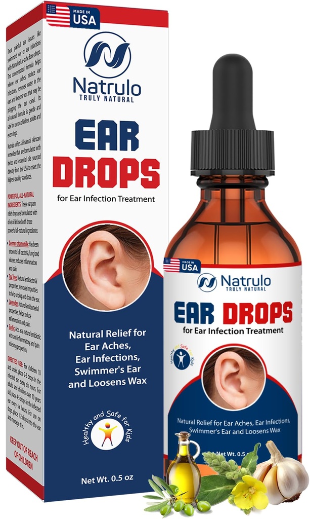 Drops d'oreille Natrulo pour l'infection à oreille – Drops d'oreille biologique pour adultes, enfants, bébés, chiens et animaux de compagnie – pour les oreilles, les oreilles démangeaisons, les infections, l'oreille de Swimmer, et la cire de Loosen – Enfants sans danger, fabriqués aux États-Unis