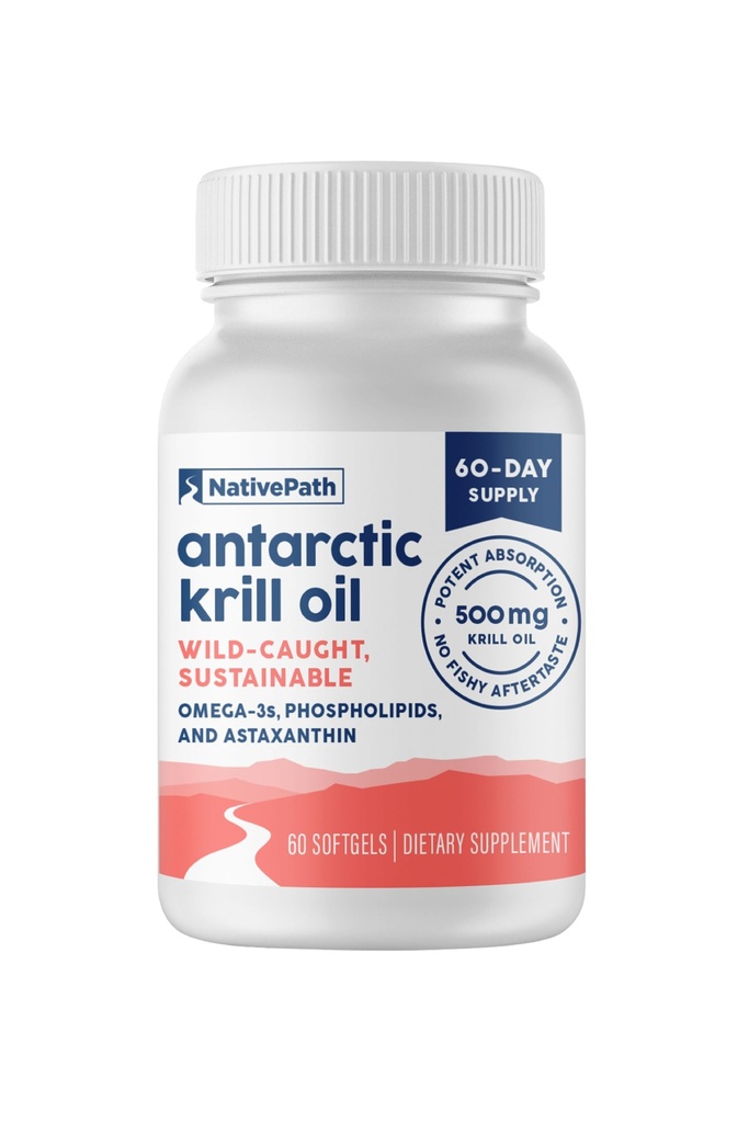 NativePath Antarctic Krill Oil - Wild-Caught Omega 3 Krill Oil 500mg Softgels avec EPA, DHA et Astaxanthin - Supplément pour l'articulation, le cœur, le cerveau et l'immunité - 60 ct - Pas d'arrière-goût de poisson