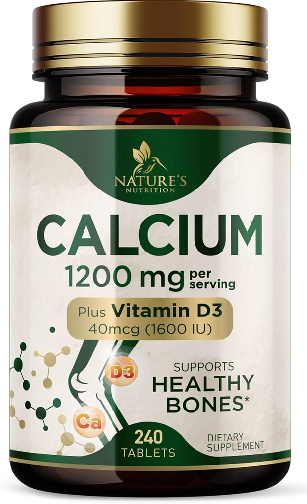 Calcium 1200 mg avec Vitamine D3 - Supplément santé osseux, Vitamine D & Suppléments calcium pour les femmes et les hommes - Soutien osseux, dents et immunitaires, Pilules de calcium de la nature, mis en bouteille aux États-Unis - 240 comprimés