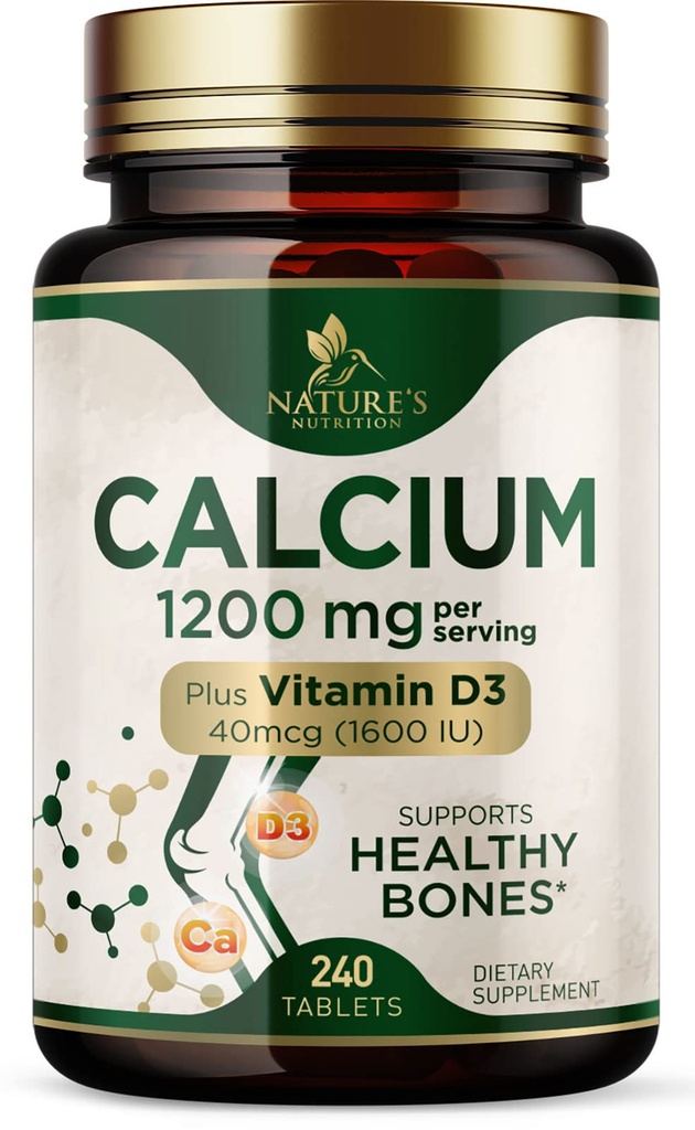 Calcium 1200 mg avec Vitamine D3 - Supplément santé osseux, Vitamine D & Suppléments calcium pour les femmes et les hommes - Soutien osseux, dents et immunitaires, Pilules de calcium de la nature, mis en bouteille aux États-Unis - 240 comprimés