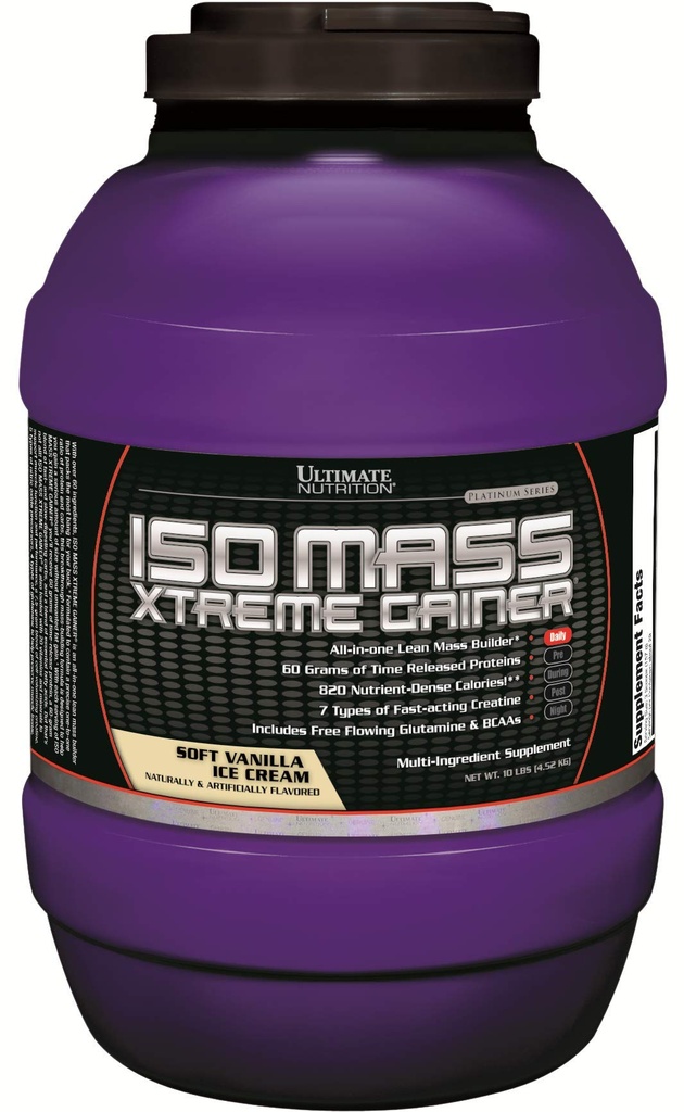 Nutrition Ultimate ISO Mass Xtreme Gainer, gain de poids en poudre de protéines avec de la créatine, 60 grammes de protéines, poudre de protéines isolate de lactosérum pour le gain musculaire maigre, 10 LBS avec 30 portions, crème glacée de vanille