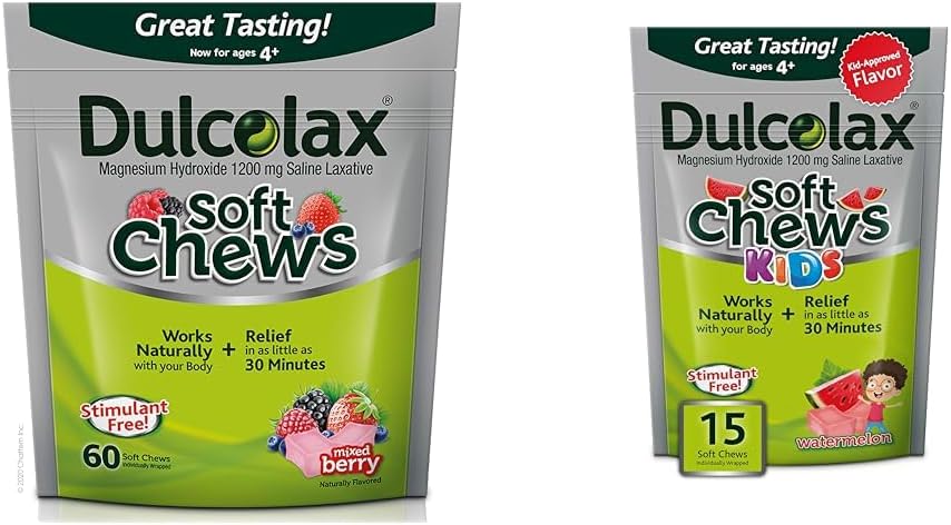 Dulcolax Soft Chews Saline Laxative Mixte Berry (60ct) Gentle Constipation Relief & Kids Soft Chews Saline Laxative Pastèque Gentle Constipation Relief, Magnésium