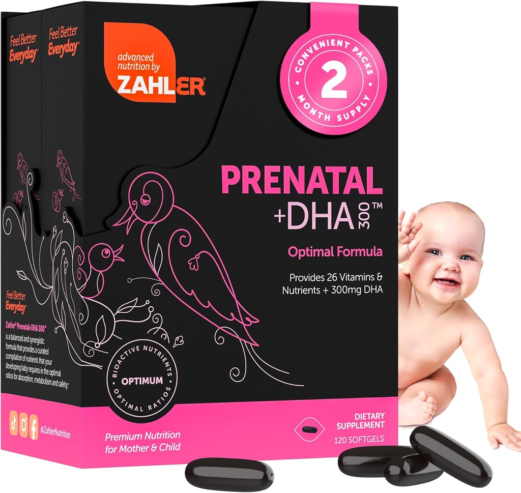Zahler Vitamine prénatale avec DHA et folate - Suppléments DHA et multivitamine prénatale pour mère et enfant - Casher Vitamines prénatales DHA avec fer, softgels prénataux (120 Nombre (paquet de 1))