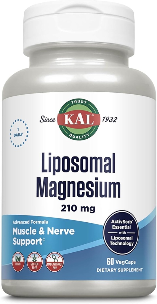 KAL Oxyde de magnésium liposomique 210 mg Haute absorption, technologie liposomique, soutien musculaire essentiel, formule avancée, capsules véganes, sans gluten, sans soja, 60 portions