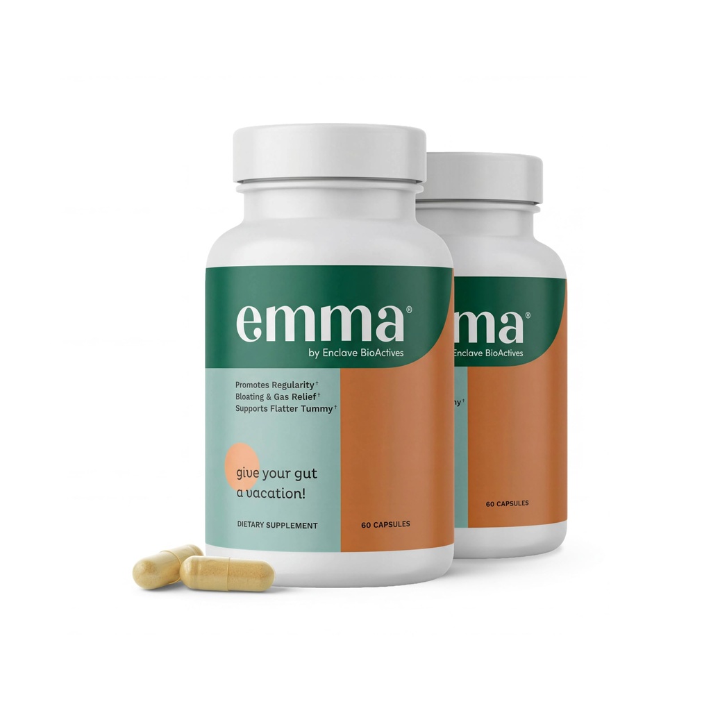 Emma Gut Health - 2 Pack - Gas and Bloating Relief, Constipation, fuite de Gut Repair - Gut Cleanse & Restore Digestion - Regular Bowel Movement. Probiotiques et substitut laxatif, 120 capsules