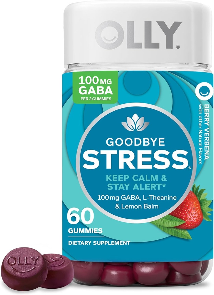 OLLY Au revoir Stress Gummy, GABA, L-Theanine, Lemon Baume, Supplément anti-stress, Berry - 60 Comte