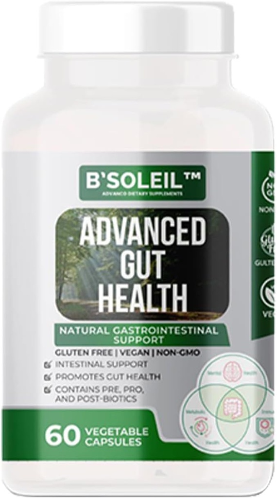 B.SoleilTM Probiotique avancé pour la santé des intestins - Pré, Pro et post-biétique - Soutien gastro-intestinal naturel - 60 capsules végétales - Probiotiques sans gluten, végétaliens et non OGM - 25 milliards d'UFC