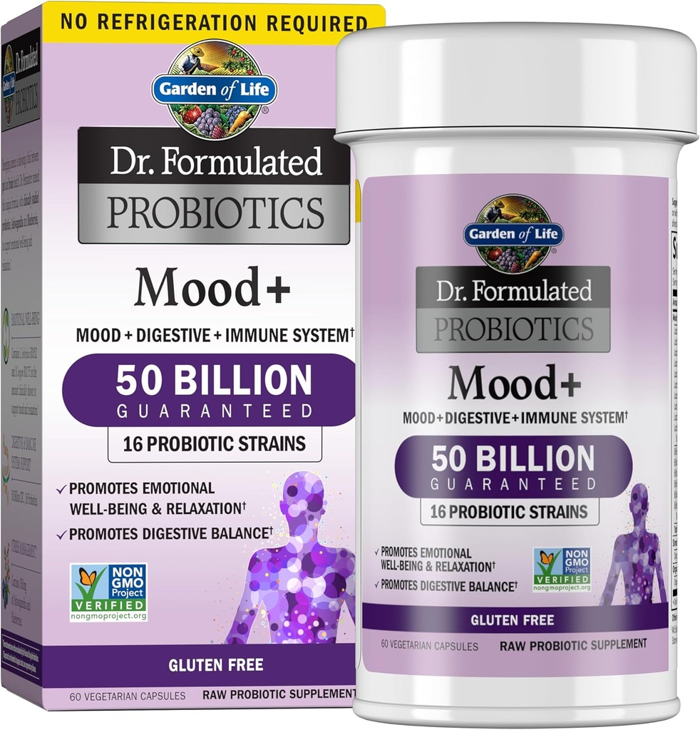 Garden of Life Probiotics Mood+ Dr Formulé Acidophilus Probiotic Supplement - favorise le bien-être émotionnel, la relaxation et l'équilibre digestif - Ashwagandha pour la gestion du stress, 60 Veggie Caps