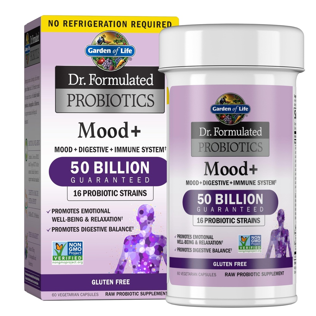 Jardin de vie Dr. Formulé Probiotiques Mood+ - 50 Million CFU - Soutient la relaxation et la santé digestive - Étagère stable - 60 Capsules végétariennes