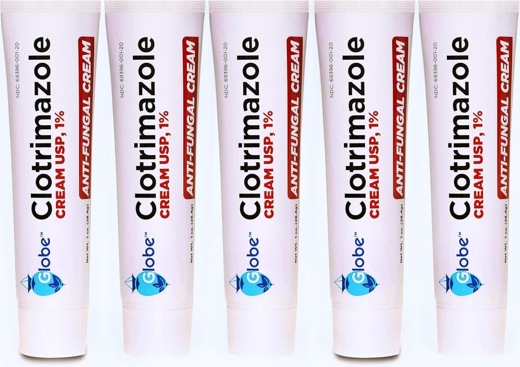 (5 pack) Globe Clotrimazole Crème Antifongique 1% (1 oz) Soulage les démangeaisons, les brûlures, les fissures et les échelles associées aux infections fongiques.