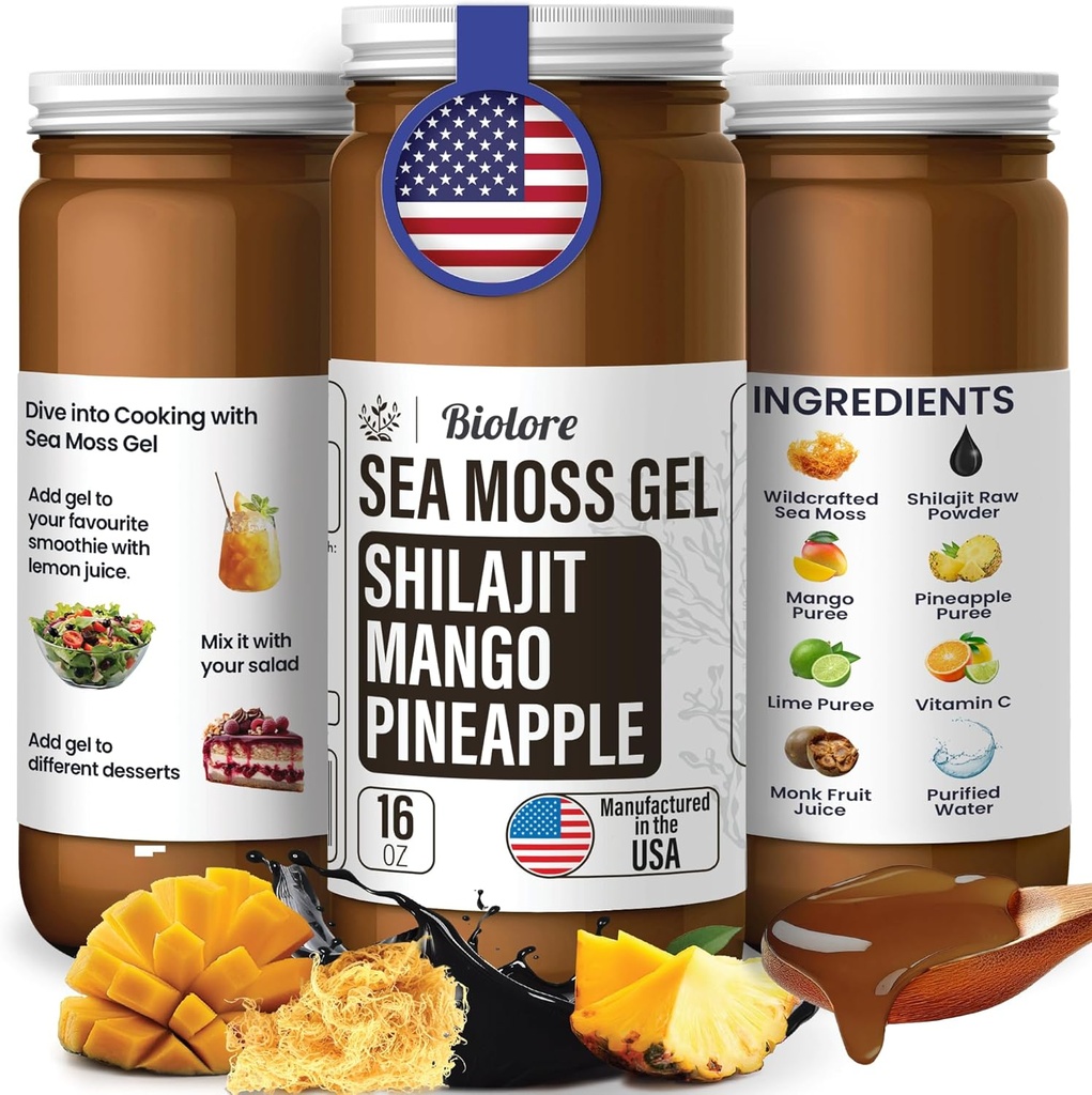 Biolore Gel de mousse de mer sauvage avec Shilajit - Ananas de mangue 16 oz - Gel de mousse de mer aromatisé avec vitamines essentielles et minéraux traces - Superfood végétalien - Fabriqué aux États-Unis, sans gluten, sans sucre ajouté