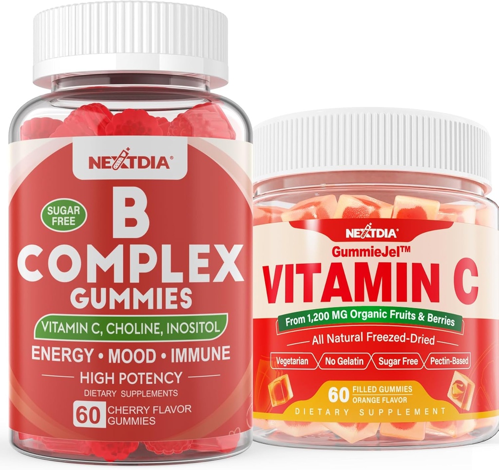 Gommies complexes de 2 paquets de vitamine B avec 2000 mcg de méthyle B12, folate de méthyle + 1 paquet de vitamine C