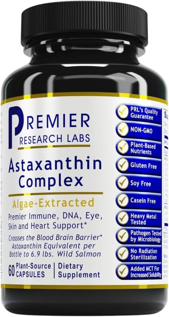 Premier Research Labs Premier Complexe Astaxanthine - Suppléments d'astaxanthine, Astaxanthine 4mg par gélule, provenant d'algues, Soutien antioxydant pour les femmes et les hommes - 60 Capsules végétariennes