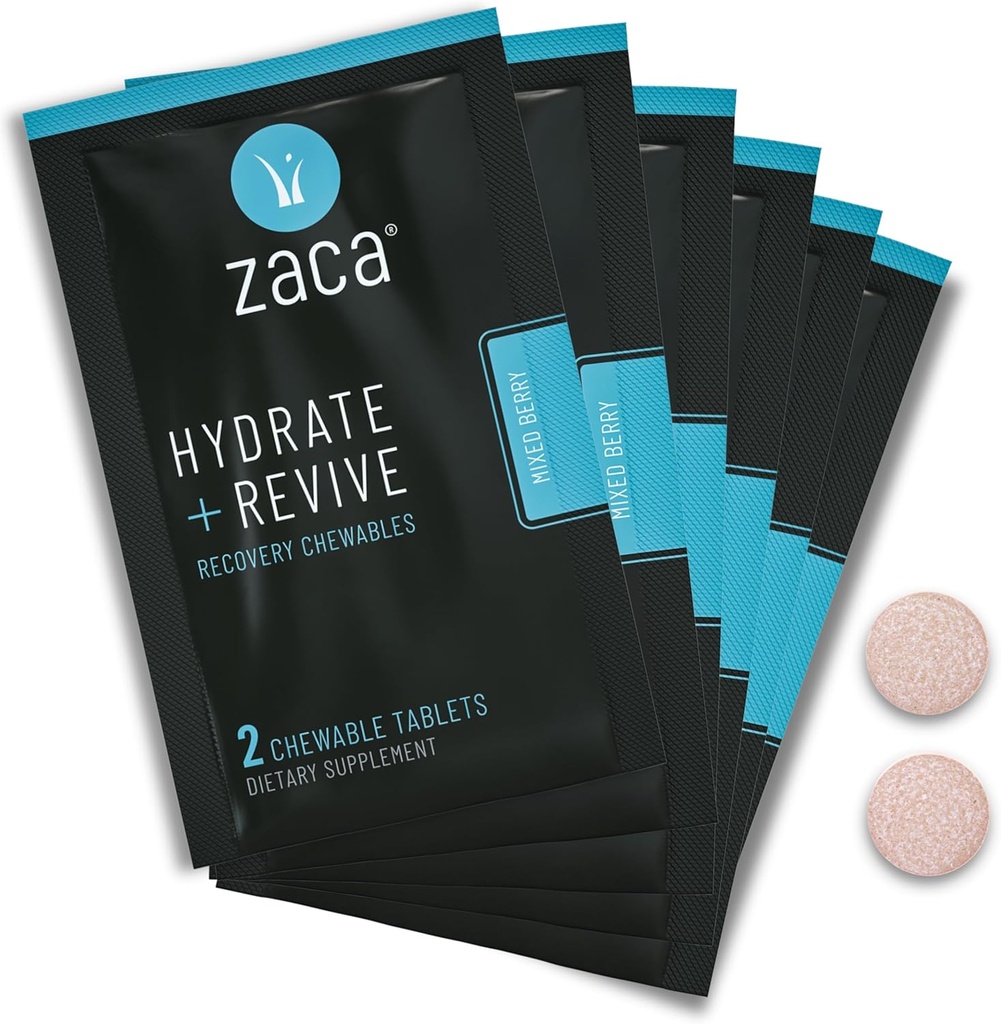 Zaca Recovery Supplément à croquer : Hydrate + Revive : Fête, Voyage, Exercice et Altitude : sans sucre et sans gluten : 6 paquets = 12 comprimés