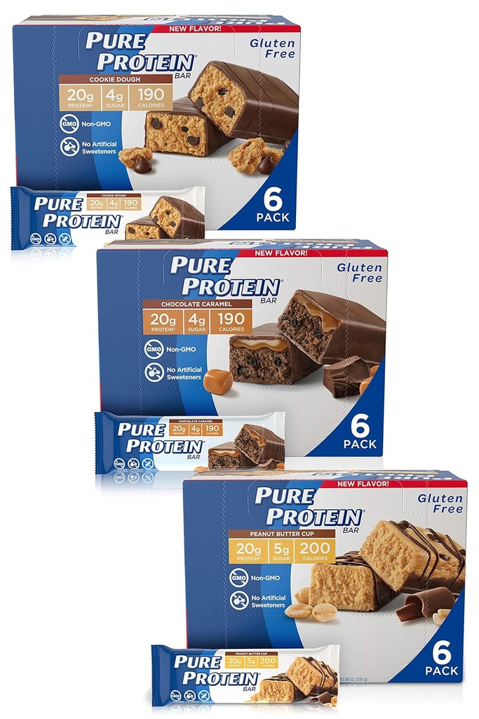 Barres de protéines pures, haute protéine, collations nutritives pour soutenir l'énergie, faible teneur en sucre, sans gluten, sans guillotine (Cookie Dough/Choc Caramel/Peanut Butter Cup), 1,76 oz, pack de 18
