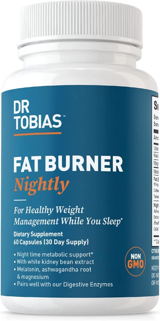 Dr Tobias Fat Burner Nightly, Soutien métabolique de nuit avec extrait de haricot blanc, racine d'Ashwagandha, extrait de café vert et mélatonine, non-OGM, 60 capsules (30 jours d'approvisionnement)