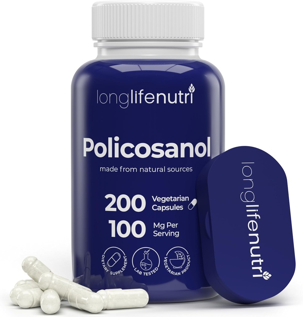 LongLifeNutri Policosanol 100mg - 200 Capsules végétariennes, Supplément de canne à sucre naturel pour le cholestérol équilibré, alimentation de 3 mois, non-OGM, laboratoire testé, fabriqué aux États-Unis
