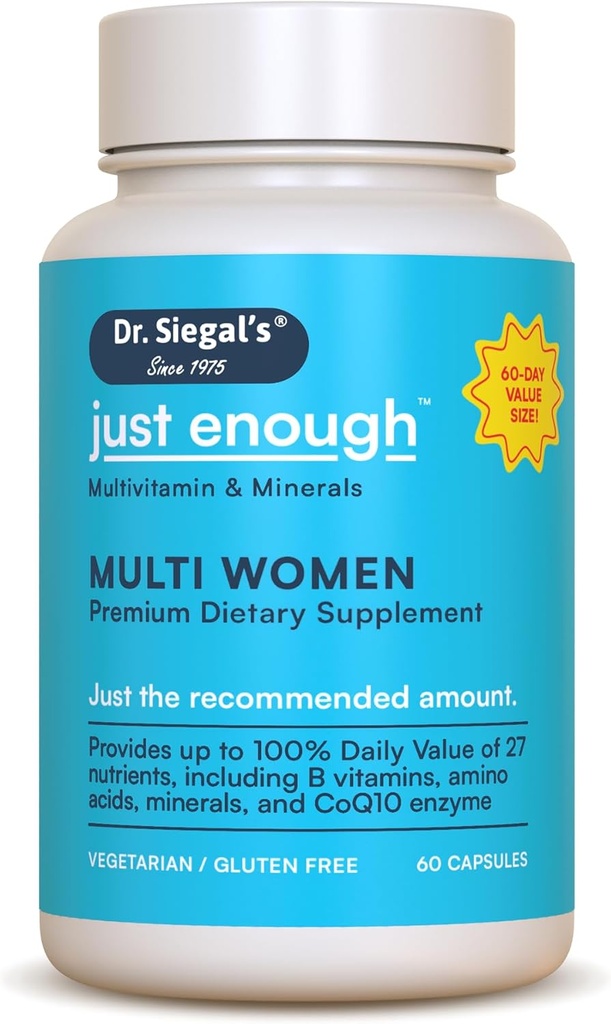 Dr Siegal's Juste assez de multivitamines pour les femmes - 60 capsules - 60 portions Suppléments pour la santé des femmes - Multivitamines végétariennes pour les femmes - Multivitamines féminines - Multivitamines quotidiennes pour les femmes