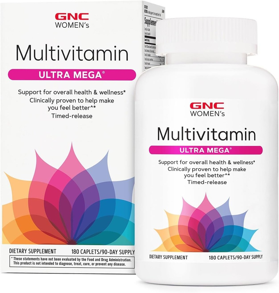 Multivitamine Ultra Mega pour femmes GNC, supplément vitaminique quotidien, soutient l'immunité, cerveau, cheveux, peau et ongles, 180 Caplets
