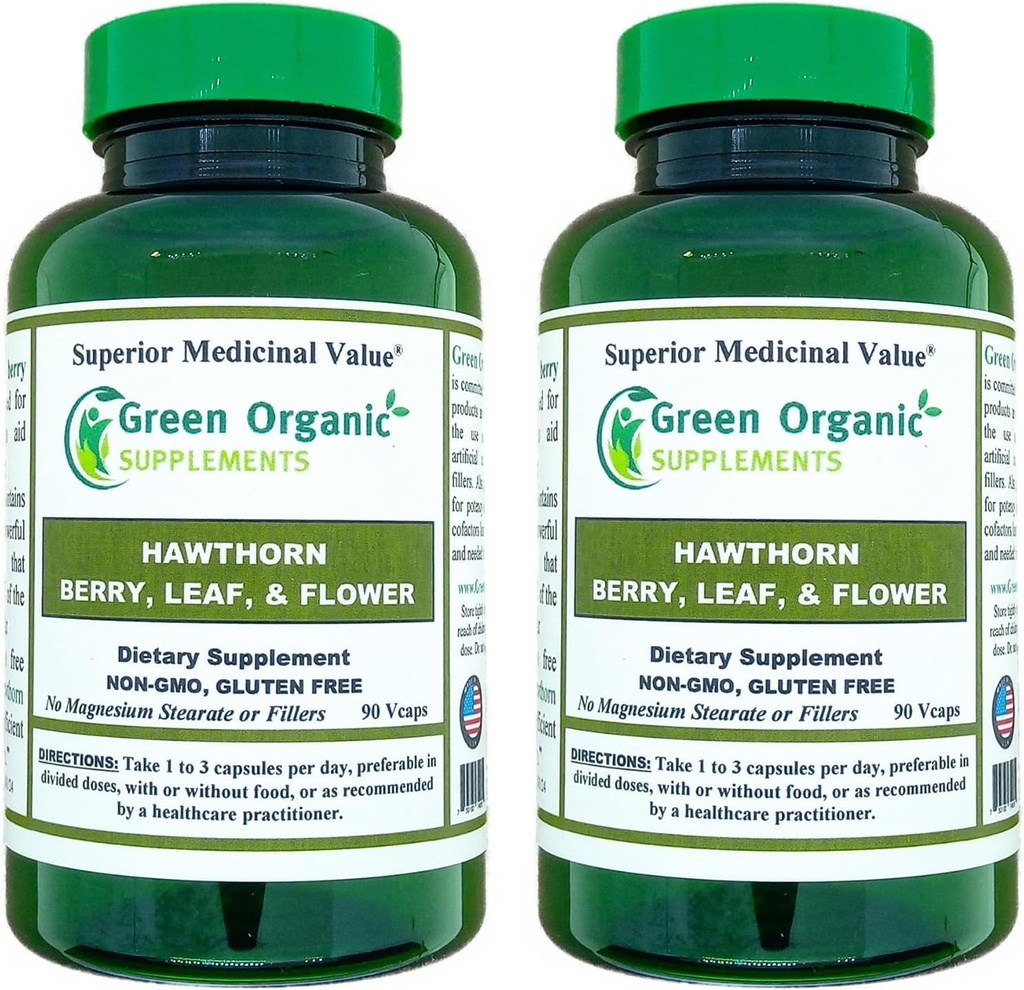 Suppléments bio verts Hawthorn Berry Capsules, Feuille, Fleur, Suppléments Hawthorn Contient 90 Capsules, Herbes naturelles Hawthorn pour la santé cardiovasculaire et soins cardiaques naturels (Pack de 2)