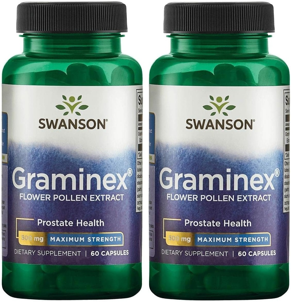 Swanson Fort maximum Graminex Flower Pollen Extract - Soutient la santé de la prostate, la fonction urinaire et la santé rénale - Supplément santé des hommes - (60 gélules, 500 mg chacune) (2 pack)