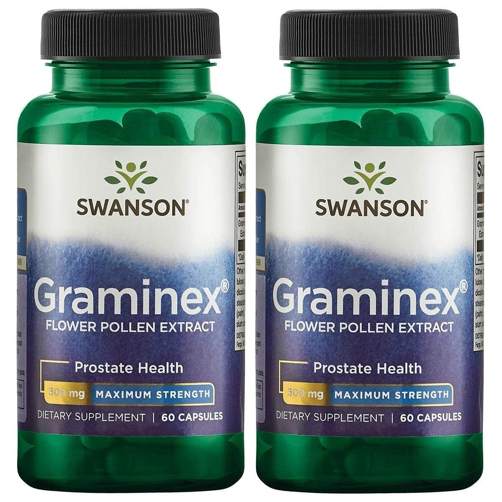 Swanson Fort maximum Graminex Flower Pollen Extract - Soutient la santé de la prostate, la fonction urinaire et la santé rénale - Supplément santé des hommes - (60 gélules, 500 mg chacune) (2 pack)