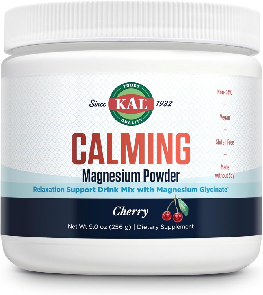 KAL Calmant poudre de magnésium - supplément de magnésium saveur cerise - haute absorption, soutien de relaxation, pas de sucre ajouté, végétalien, sans gluten, fait sans soja - 40 portions, 9 oz