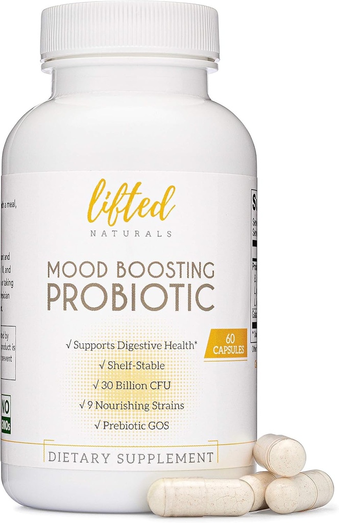 Lifted Naturals Mood Boosting Probiotic 30 Million CFU - Supplément de soutien à l'humeur, prébiotiques et probiotiques pour les femmes et les hommes, Acidophilus Lactobacillus Probiotic, Stable et non-OGM, 60 Capsules