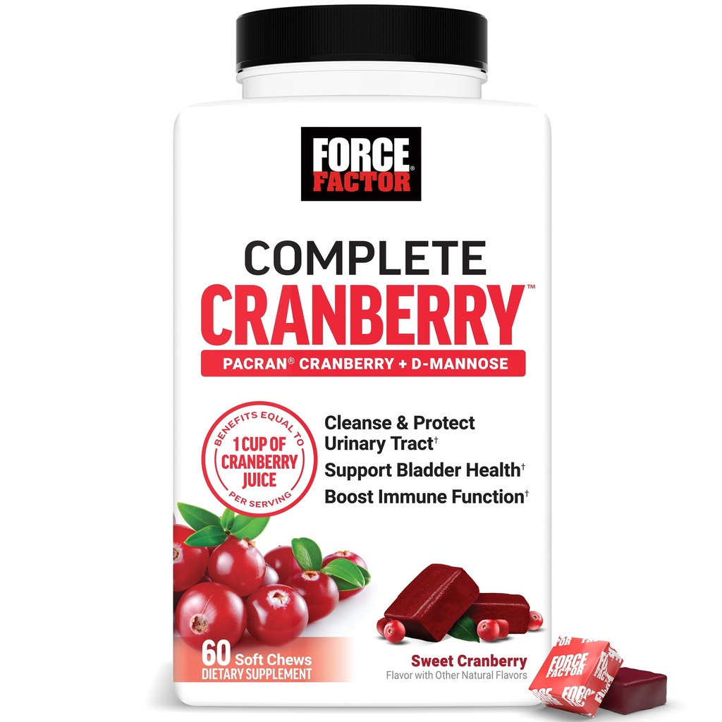 FACTEUR DE FORCE Chews tendres aux canneberges, supplément aux canneberges avec D Mannose et extrait de canneberge pour soutenir la santé des femmes, des vegans et des canneberges douces, 60 Chews doux