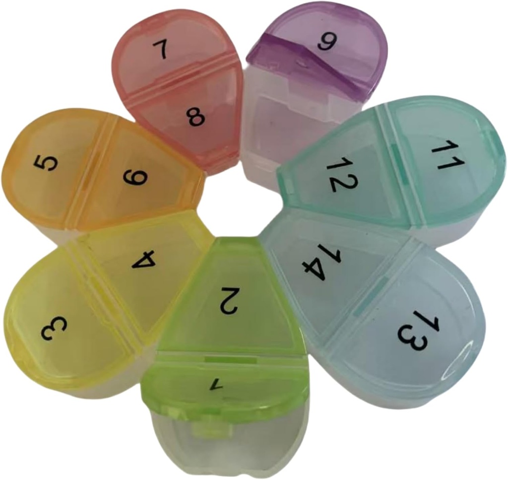 14 Day/2 Week Pill Organizer - Flower Shaped Weekly Pill Box with 14 Compartments (1-14 Numbered) | 7 Color-Coded Petals for Medication Storage | Portable Travel Pill Case for Home & Outdoor Use