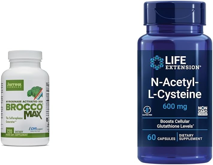 Jarrow BroccoMax avec du sulfaphane pour la santé du foie, 120 capsules à libération différée et extension de la durée de vie N-acétyl-L-Cysteine (NAC), santé immunitaire, respiratoire et hépatique