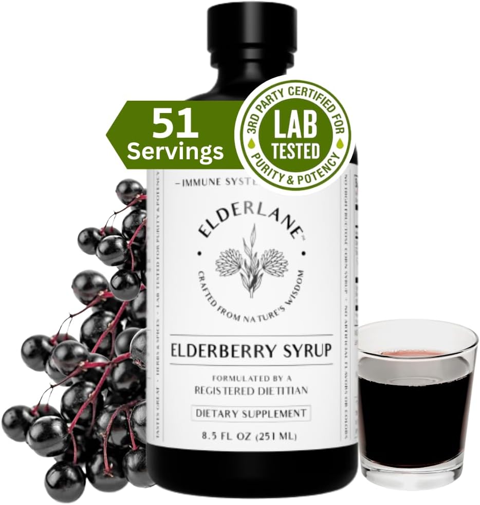Sirop de mûre aînée par Elderlane - Shots de mûre aînée - Supplément de soutien immunitaire pour les enfants et les adultes - Boosters immunitaires - Booster d'immunité naturelle - Fabriqué avec du miel et des mûres aînées - Sans gluten - 8,5 Fl Oz