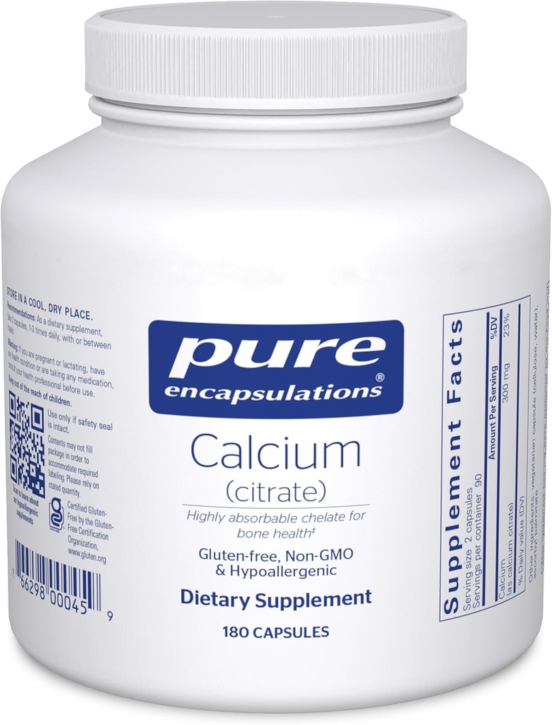 Encapsulations pures Calcium (Citrate) - Supplément pour le soutien de la santé des os, des dents, des colonies et des maladies cardiovasculaires* - avec citrate de calcium Premium - 180 capsules