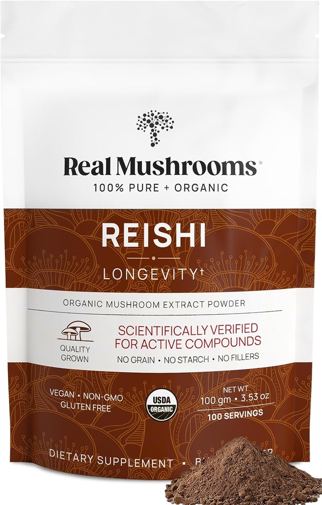 Véritables champignons Reishi Poudre de champignons - Extraits de champignons biologiques cueillis à la main - Reishi rouge pour le bien-être quotidien Tranquil avec bêta-glucanes végan, non-OGM, pas de remplissage de grains, 100 portions