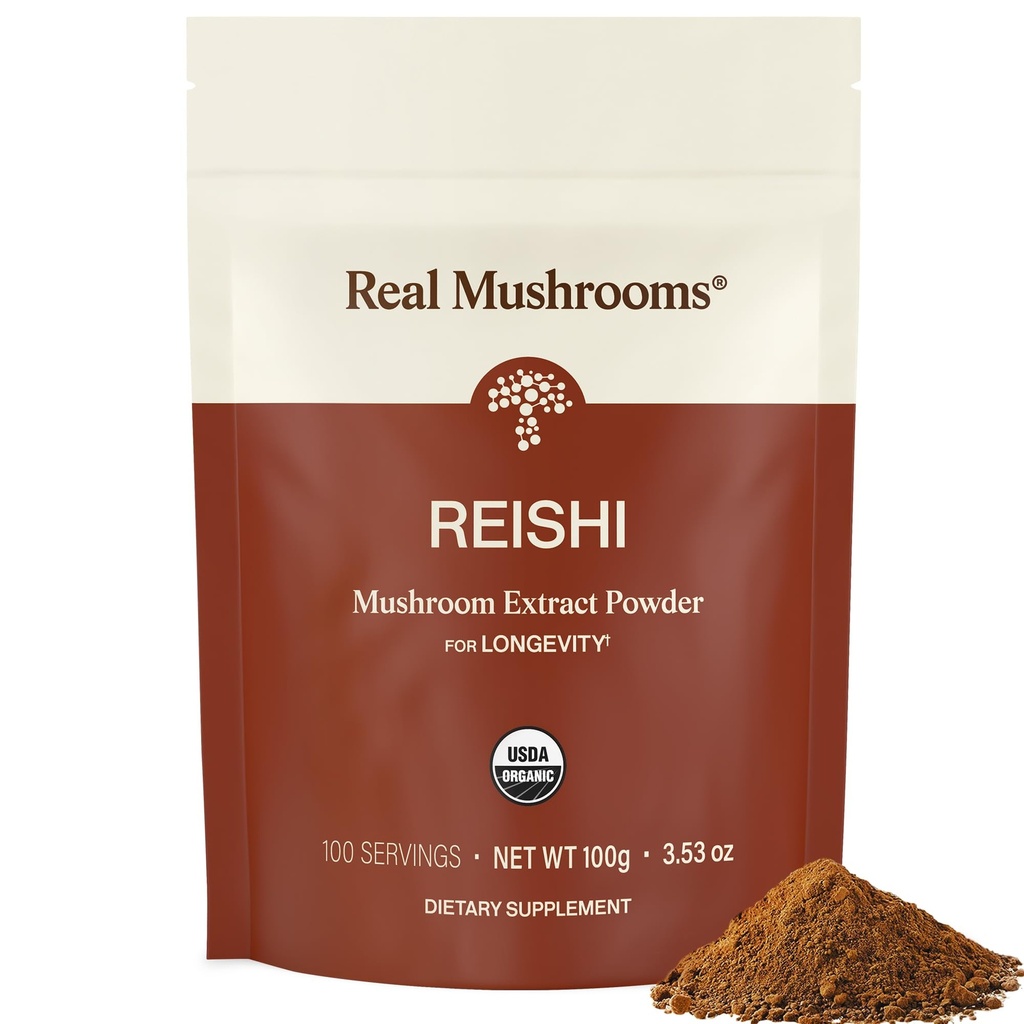 Véritables champignons Reishi Poudre de champignons - Extraits de champignons biologiques cueillis à la main - Reishi rouge pour le bien-être quotidien Tranquil avec bêta-glucanes végan, non-OGM, pas de remplissage de grains, 100 portions
