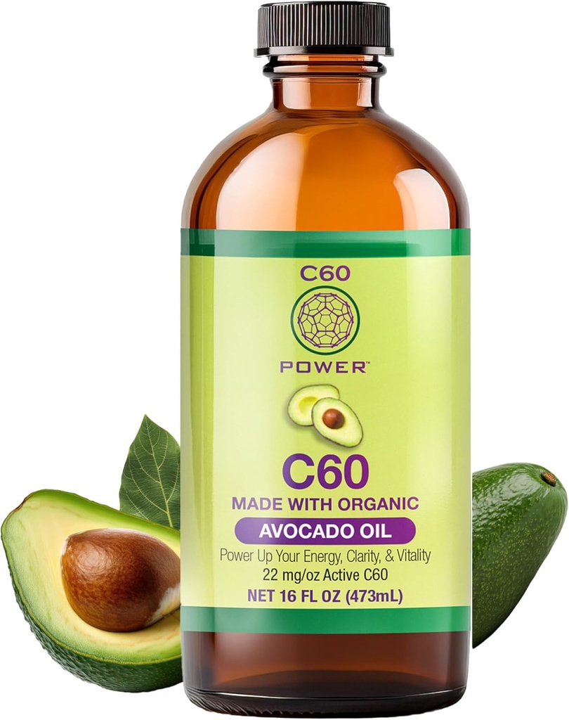 C60 Puissance - AVO 16-oz.- Huile d'avocat biologique, 16 Fl Oz, 99,99 % Carbone Sublimé pur 60, Fullérènes
