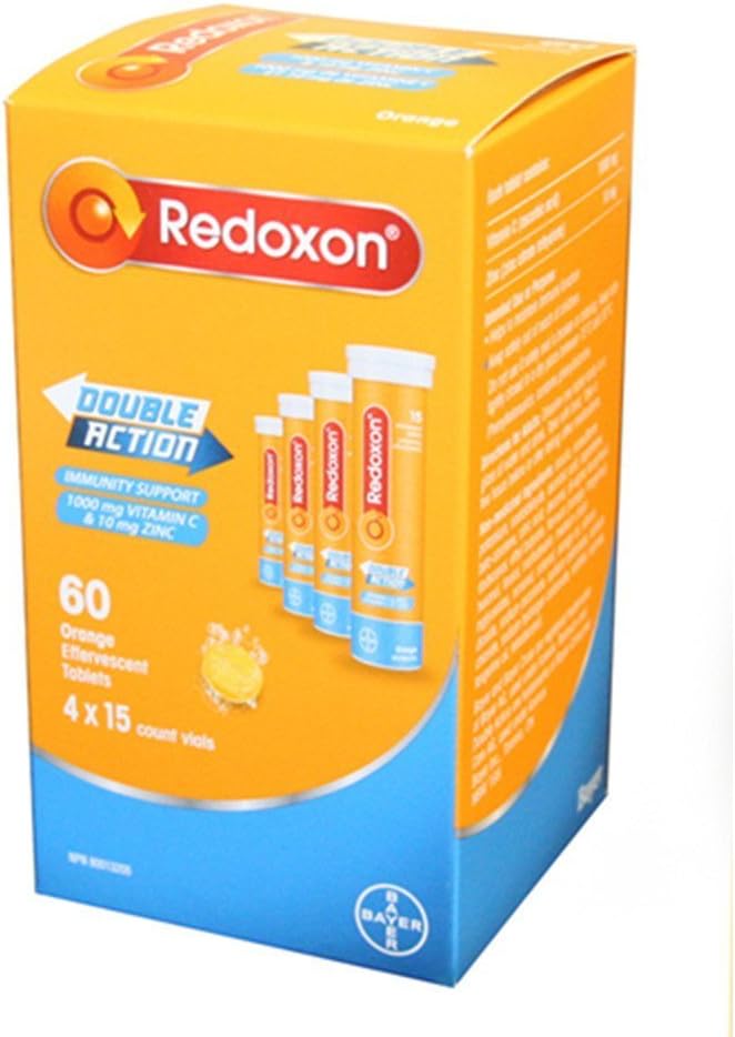 Comprimés effervescents Redoxon double action orange, 1000 mg de vitamine C et 10 mg de zinc, flacons 4x15