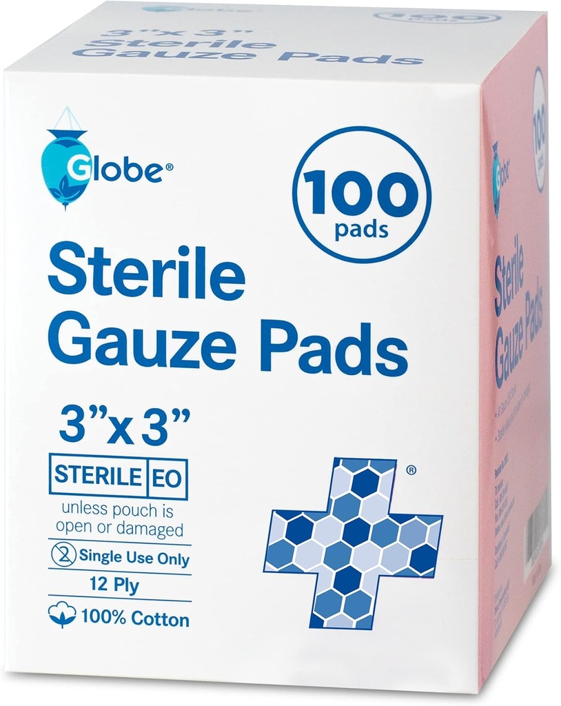 Globe 3'' x 3'' Avanced Sterile Gauze Pads, 100-Pack individuellement emballé - Coton 12-Ply pour soins de la plaie, bandages très absorbants pour usage domestique et d'urgence - Trousse de voyage et premiers soins Essentiel