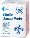 Globe 3'' x 3'' Avanced Sterile Gauze Pads, 100-Pack individuellement emballé - Coton 12-Ply pour soins de la plaie, bandages très absorbants pour usage domestique et d'urgence - Trousse de voyage et premiers soins Essentiel
